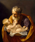 Quadro decorativo do mestre barroco Guido Reni, 'São José com o Menino Jesus'. Um idoso barbudo, São José, segura um bebê, o Menino Jesus, que brinca com uma fruta, ambos envoltos em vestes com tons de amarelo, roxo e vermelho, em um fundo escuro.