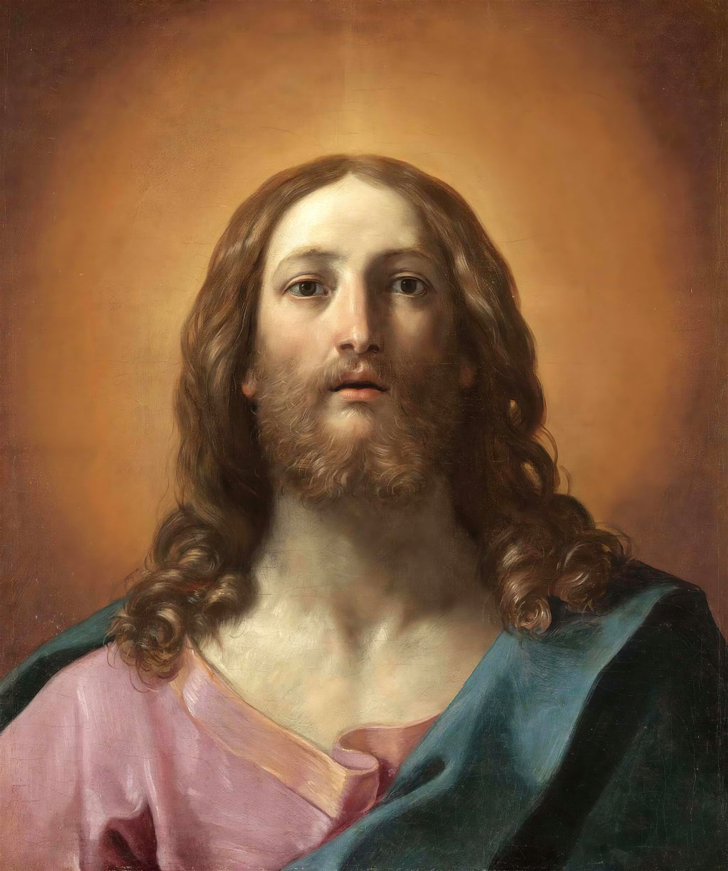 Retrato de Jesus Cristo com barba e cabelos longos castanhos, vestindo túnicas rosa e azul-petróleo, fundo dourado. Obra de Guido Reni, estilo barroco.