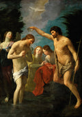 Pintura barroca 'O Batismo de Cristo' de Guido Reni, mostrando João Batista batizando Jesus no rio Jordão, com anjos e uma pomba representando o Espírito Santo no céu.
