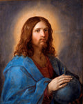 Quadro decorativo com pintura de Guido Reni, 'Cristo Salvador', retratando Jesus Cristo com barba e cabelos longos, vestindo túnica vermelha e manto azul, segurando um orbe com uma pequena cruz.