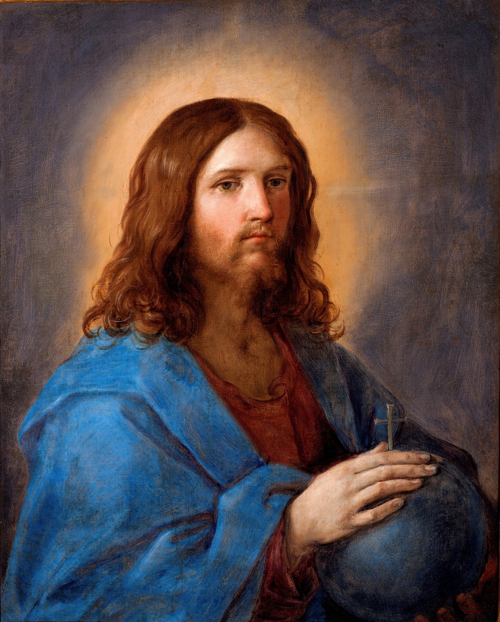 Quadro decorativo com pintura de Guido Reni, 'Cristo Salvador', retratando Jesus Cristo com barba e cabelos longos, vestindo túnica vermelha e manto azul, segurando um orbe com uma pequena cruz.