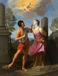 Quadro decorativo com a pintura 'O Martírio de Santa Apolônia' de Guido Reni, mostrando um homem extraindo um dente de uma mulher, com um anjo no céu.