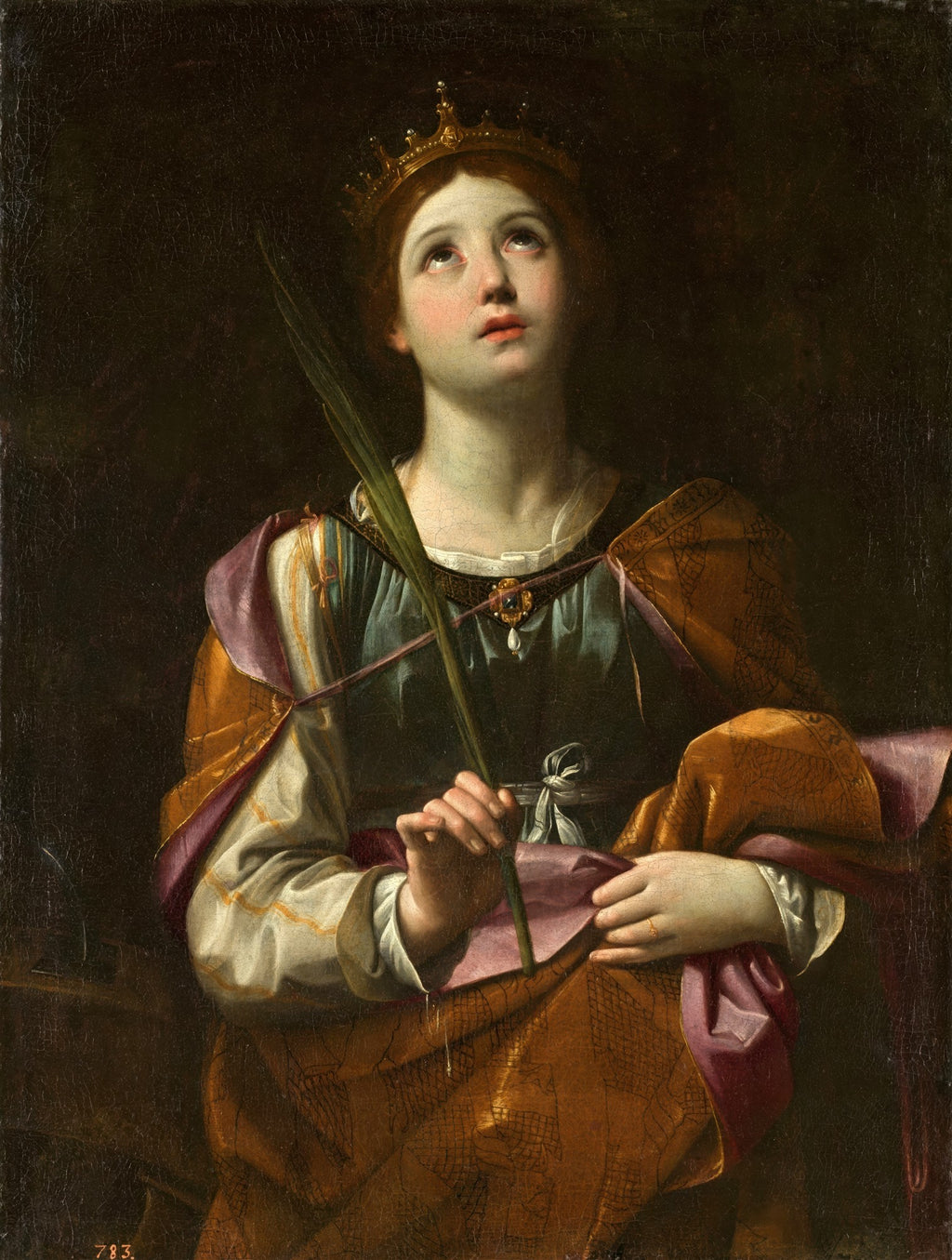 Quadro decorativo com pintura de Santa Catarina de Alexandria por Guido Reni. A santa, com coroa e palma, olha para o céu com expressão devota. Cores escuras e iluminadas, estilo barroco.