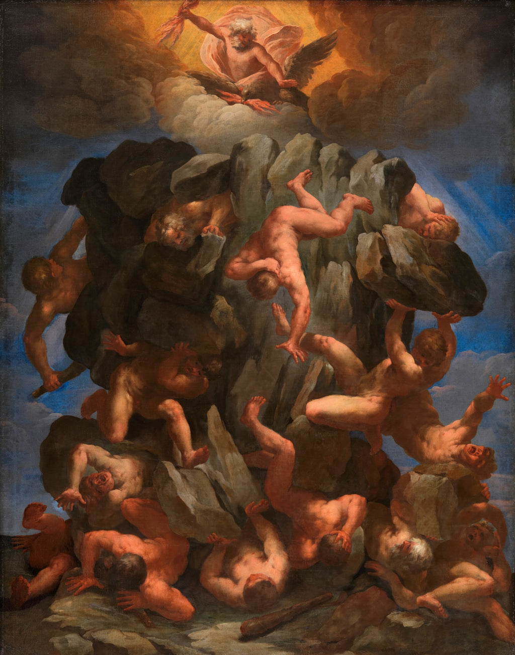 Quadro decorativo 'A Queda dos Gigantes' de Guido Reni. Pintura barroca que retrata figuras nuas caindo de rochas, com Júpiter no topo em nuvens, emitindo raios.