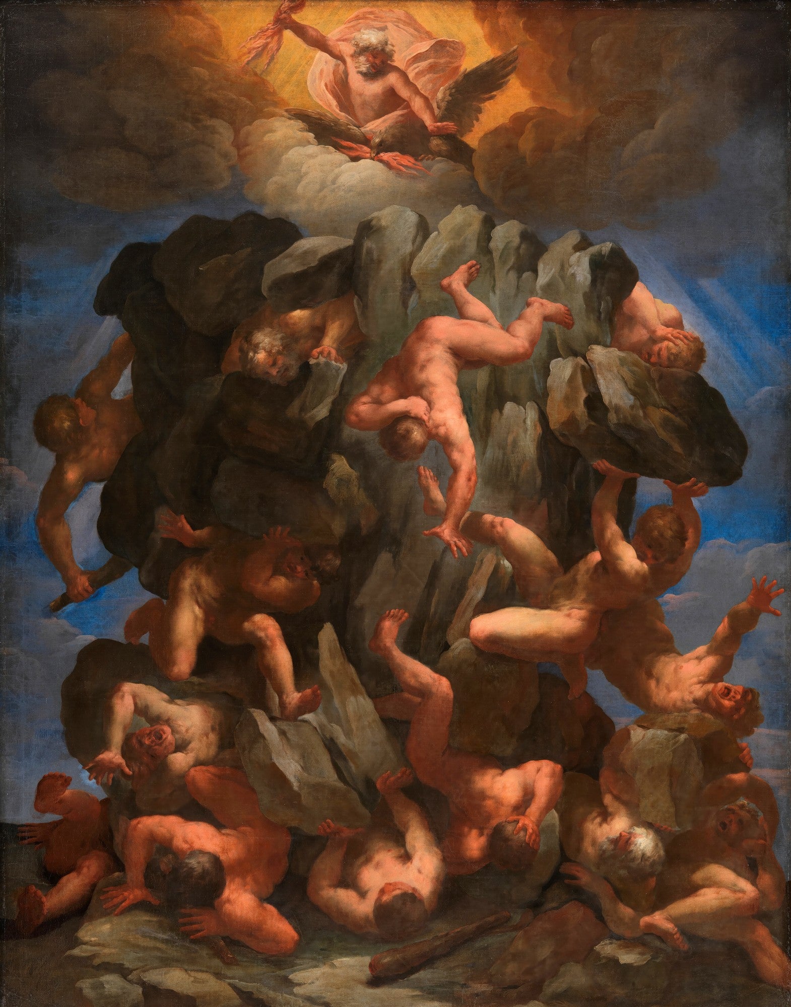 Quadro decorativo 'A Queda dos Gigantes' de Guido Reni. Pintura barroca que retrata figuras nuas caindo de rochas, com Júpiter no topo em nuvens, emitindo raios.