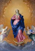 Quadro decorativo 'A Imaculada Conceição' de Guido Reni. Pintura barroca da Virgem Maria em tons de rosa e azul, rodeada por anjos e nuvens celestiais. A Virgem está em pé sobre uma lua crescente, com as mãos postas em oração e um halo de estrelas acima de sua cabeça.
