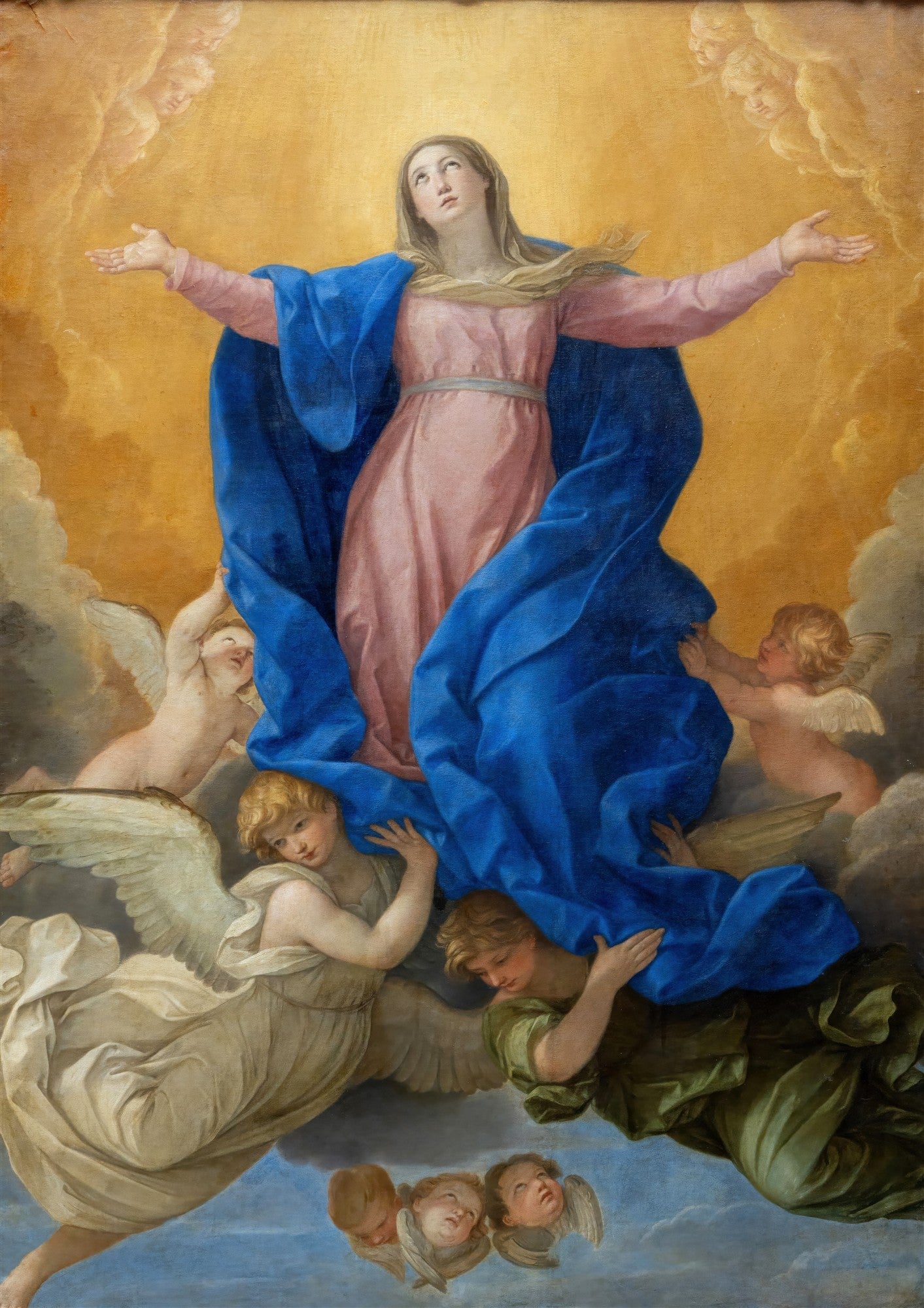 Quadro decorativo A Assunção da Virgem de Guido Reni, representando a Virgem Maria em ascensão aos céus, rodeada por anjos. Predominam tons de azul, rosa e dourado.