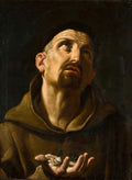 Quadro decorativo do São Francisco em Oração, de Guido Reni, mostrando o santo com olhar elevado e mãos em oração, em tons de marrom e dourado sob fundo escuro, com auréola sutil.