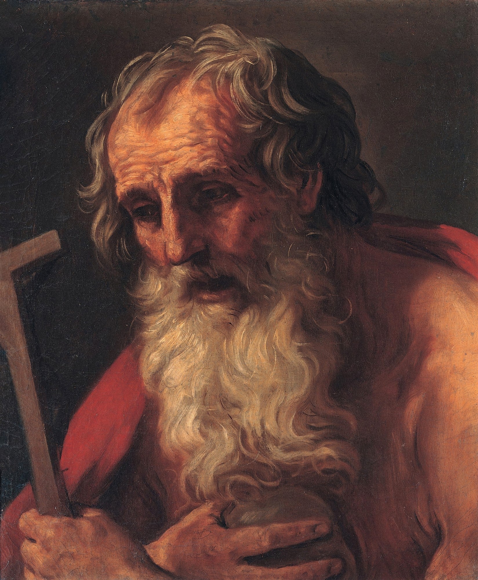 Retrato de São Jerônimo pintado por Guido Reni, um homem idoso com barba branca segurando uma cruz, em tons terrosos e vermelhos