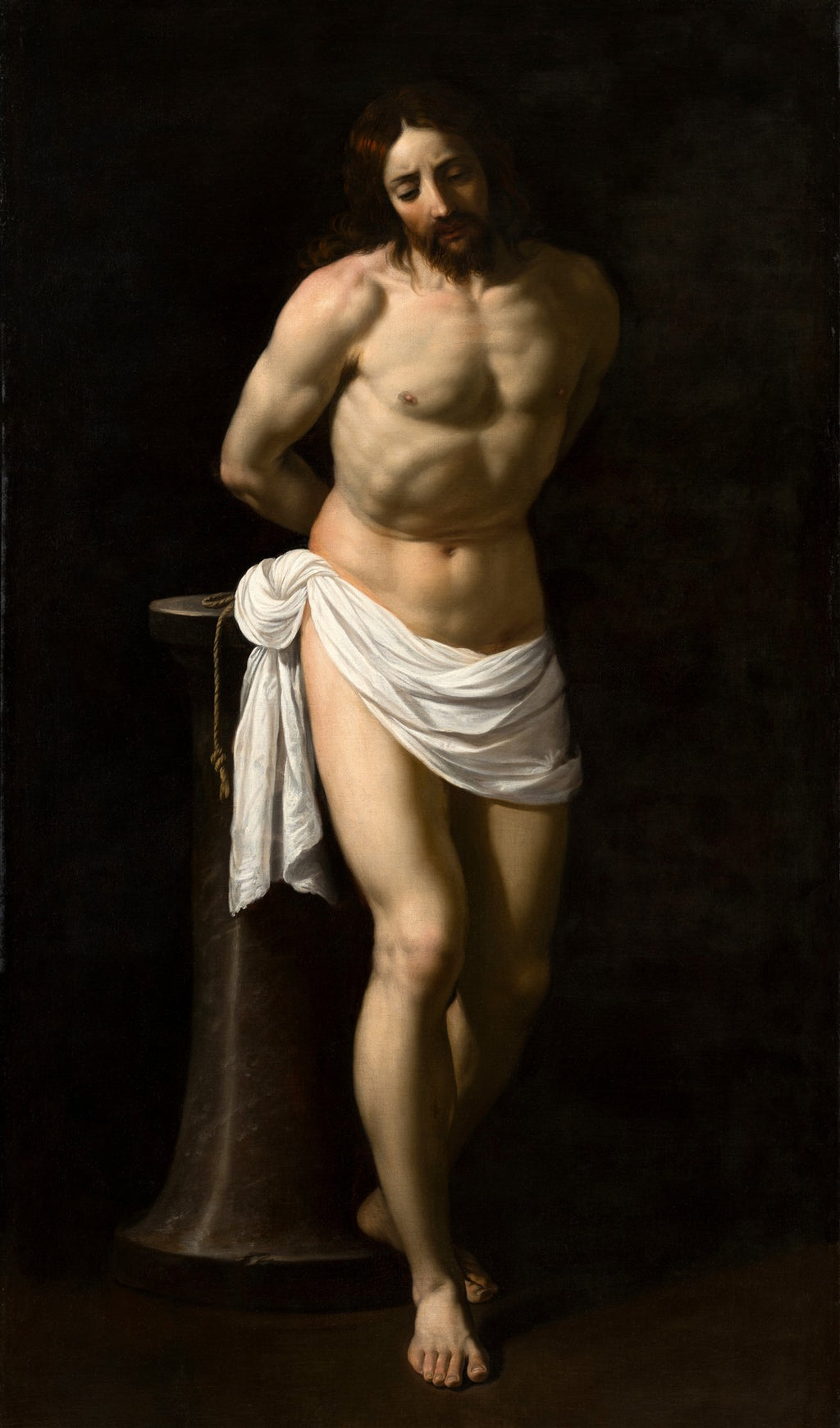 Quadro decorativo com pintura de Cristo atado a uma coluna, com uma expressão de resignação, em estilo barroco por Guido Reni. Fundo escuro realça a figura.