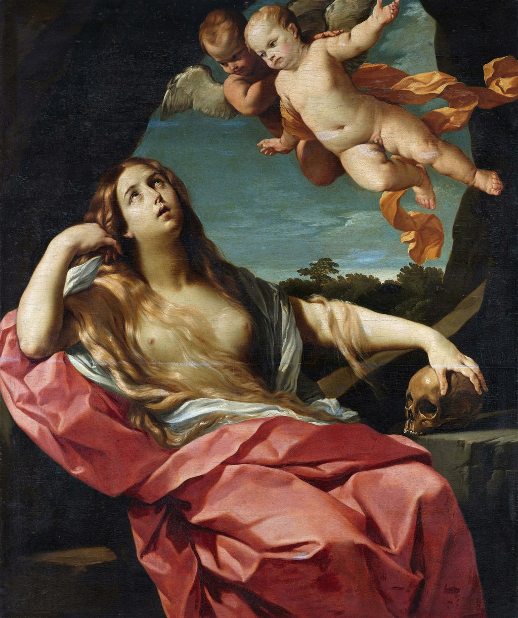 Quadro decorativo da Madalena Penitente de Guido Reni, mostrando uma mulher de cabelos longos, seios nus, manto vermelho, olhando para cima com anjos voando e uma caveira ao seu lado.