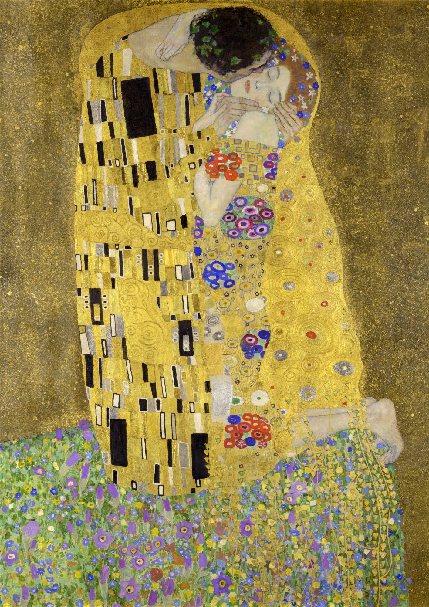 Quadro decorativo 'O Beijo' de Gustav Klimt, mostrando dois amantes abraçados, adornados com padrões dourados e sobre um campo florido. Obra de arte em estilo Art Nouveau, com detalhes em ouro.