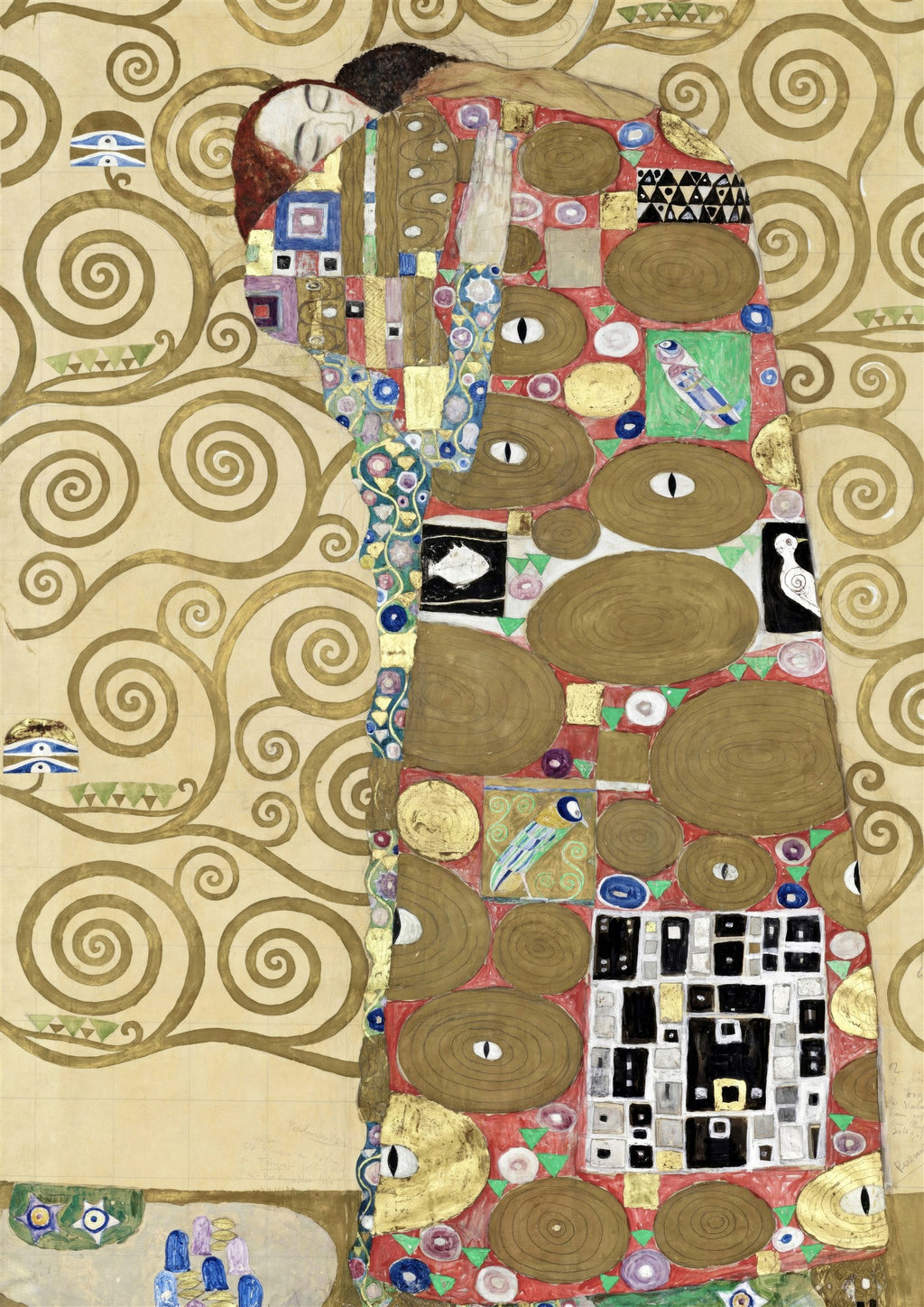 Quadro decorativo 'A Árvore da Vida' de Gustav Klimt, com fundo dourado de espirais e figuras estilizadas em vermelho, dourado e azul, representando um abraço ou conexão profunda. Detalhes de folhas de ouro e padrões geométricos.