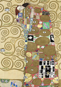 Quadro decorativo 'A Árvore da Vida' de Gustav Klimt, com fundo dourado de espirais e figuras estilizadas em vermelho, dourado e azul, representando um abraço ou conexão profunda. Detalhes de folhas de ouro e padrões geométricos.