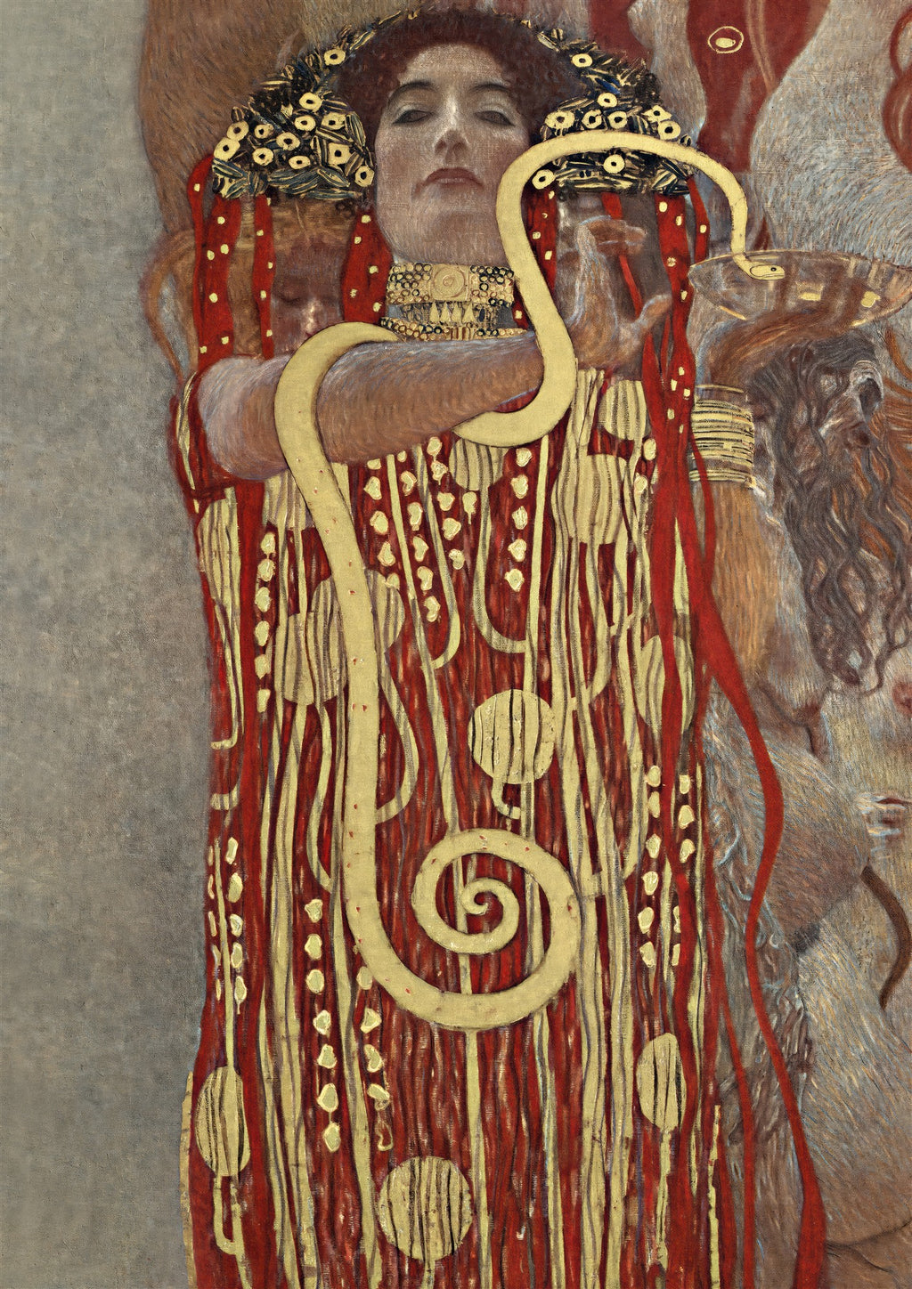 Quadro decorativo com figura feminina de Gustav Klimt, vestida em dourado e vermelho, com serpente dourada e expressão serena.