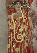 Quadro decorativo com figura feminina de Gustav Klimt, vestida em dourado e vermelho, com serpente dourada e expressão serena.
