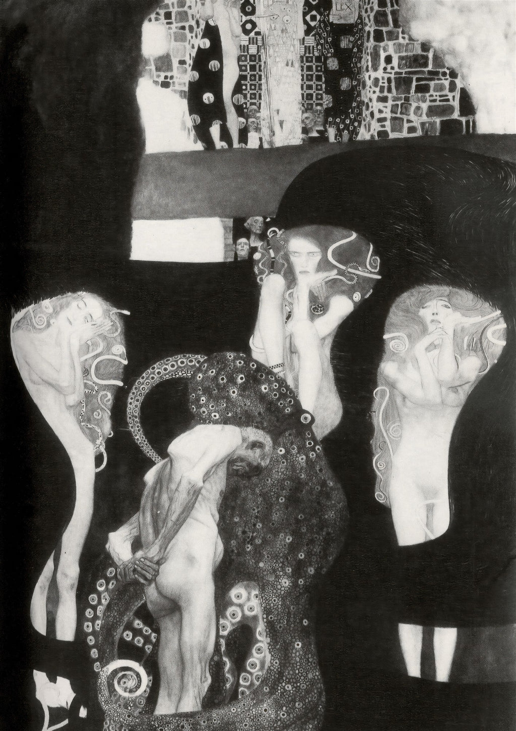 Reprodução de 'As Forças Hostis' de Gustav Klimt, em tons de preto, branco e cinza, com figuras humanas nuas e um ser monstruoso, simbolizando a luta entre o bem e o mal. A obra apresenta figuras femininas com cabelos esvoaçantes e um homem acorrentado, cercado por uma criatura com tentáculos e olhos, em um fundo escuro com padrões Art Nouveau na parte superior.