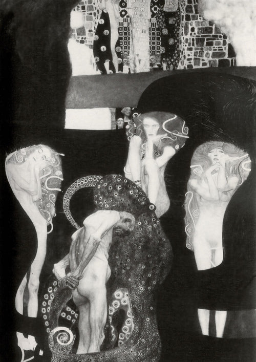 Reprodução de 'As Forças Hostis' de Gustav Klimt, em tons de preto, branco e cinza, com figuras humanas nuas e um ser monstruoso, simbolizando a luta entre o bem e o mal. A obra apresenta figuras femininas com cabelos esvoaçantes e um homem acorrentado, cercado por uma criatura com tentáculos e olhos, em um fundo escuro com padrões Art Nouveau na parte superior.