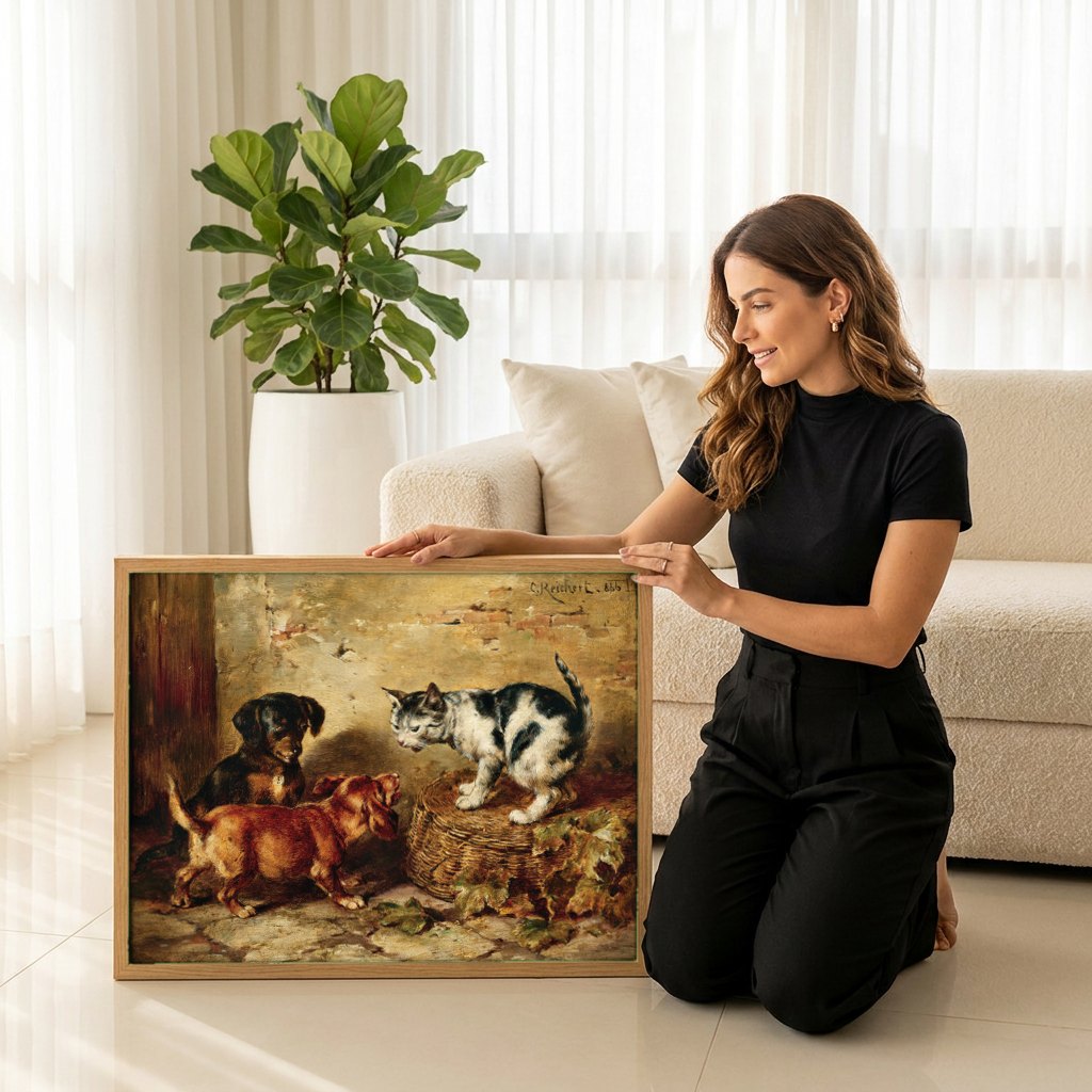 Quadro Decorativo Cães e Gato - Carl Reichert | modelo apresentando o quadro emoldurado