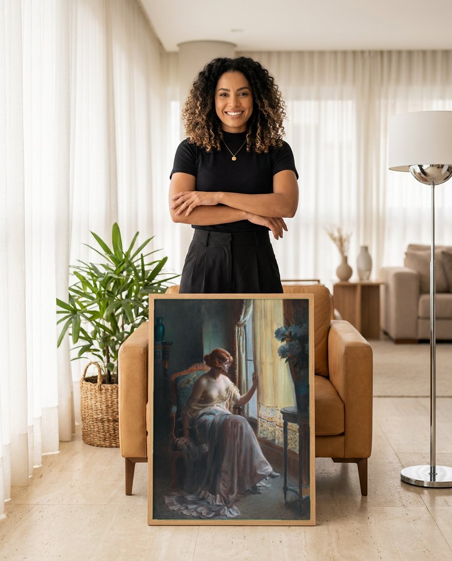 Quadro Decorativo A Dama na Janela - Delphin Enjolras | modelo apresentando o quadro emoldurado