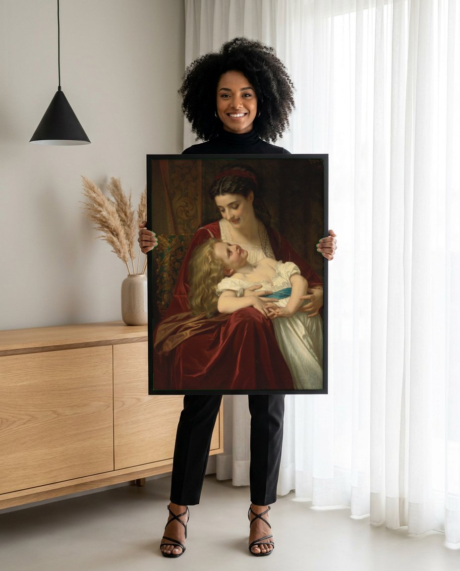 Quadro Decorativo Maternidade Afetuosa - Hugues Merle | modelo apresentando o quadro emoldurado