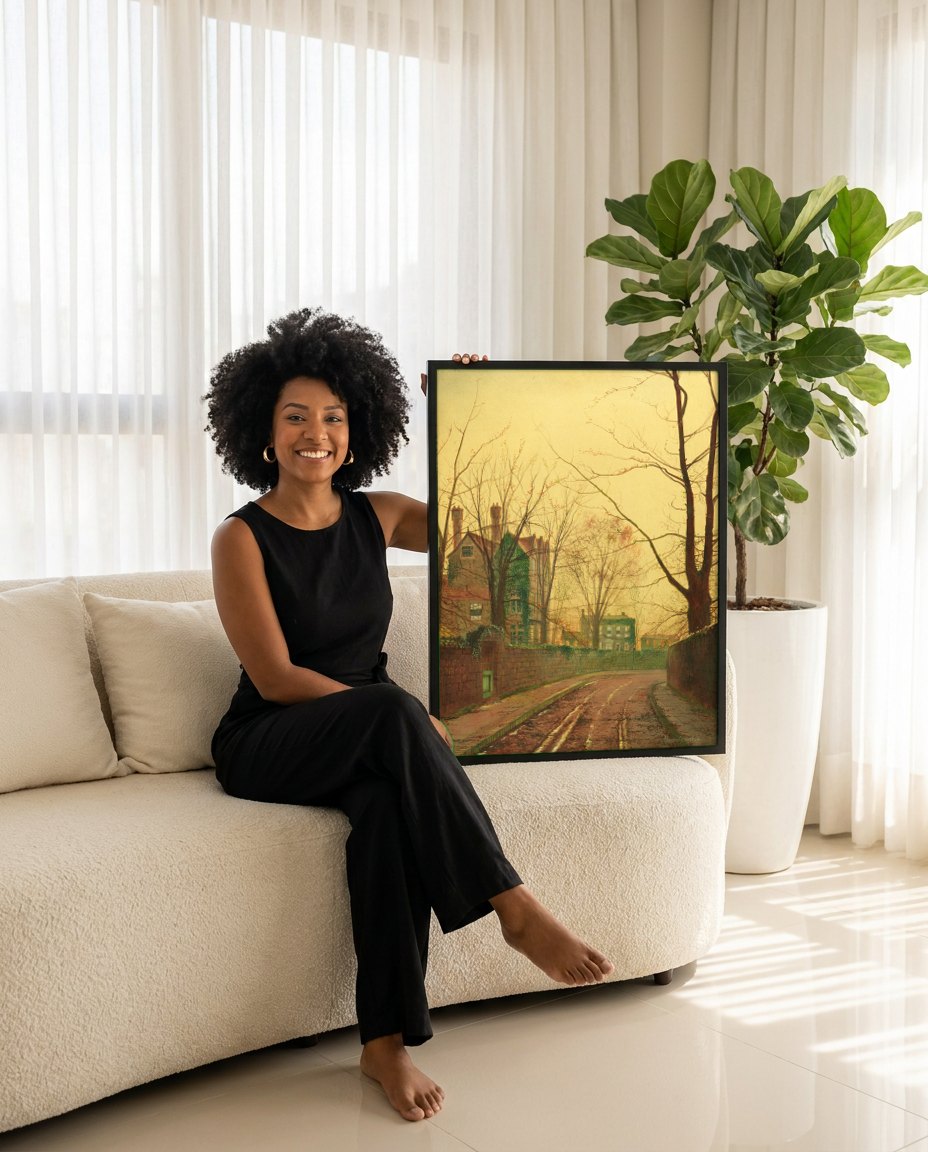Quadro Decorativo A Rua do Outono - Grimshaw | modelo apresentando o quadro emoldurado