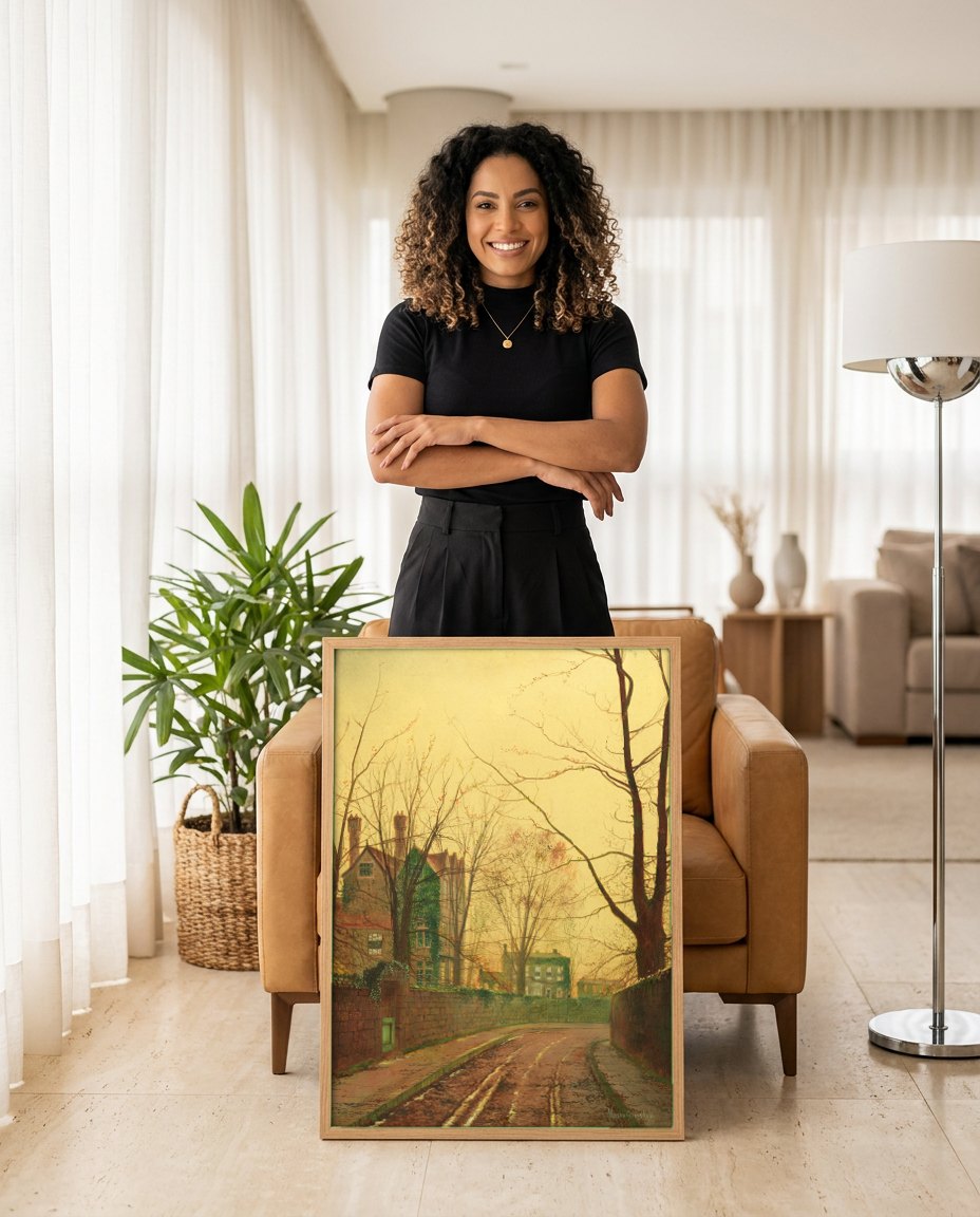 Quadro Decorativo A Rua do Outono - Grimshaw | modelo apresentando o quadro emoldurado