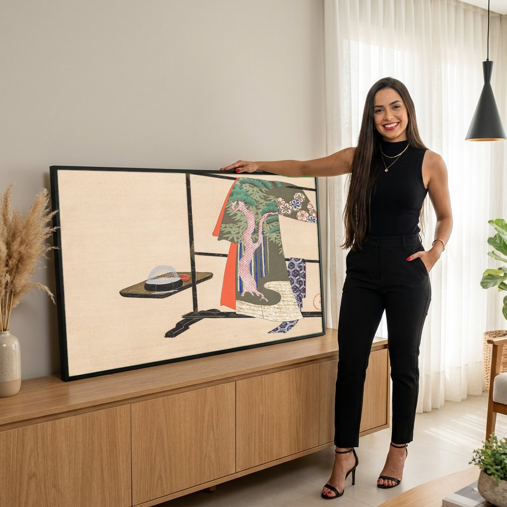 Quadro Decorativo Quimono e Tigela de Chá - Kamisaka Sekka | modelo apresentando o quadro emoldurado