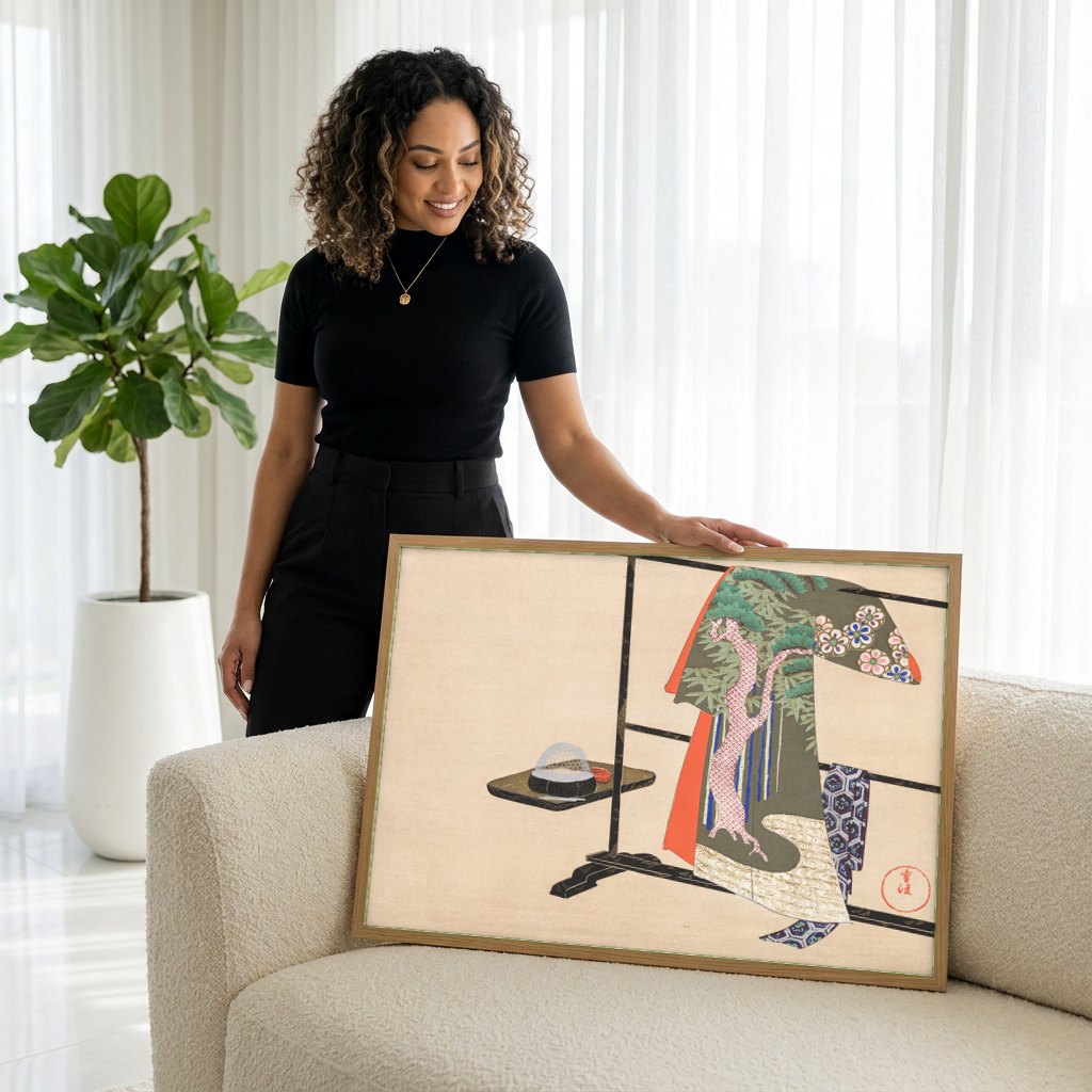 Quadro Decorativo Quimono e Tigela de Chá - Kamisaka Sekka | modelo apresentando o quadro emoldurado