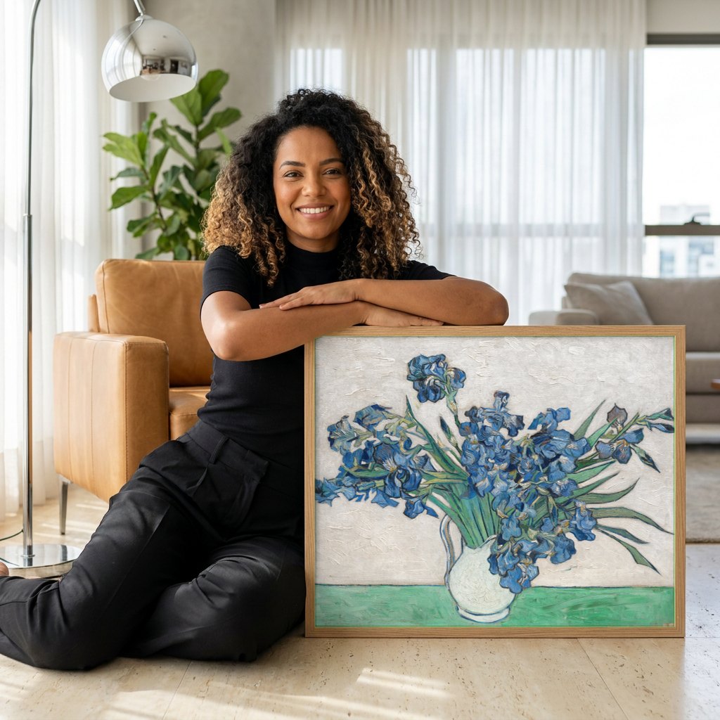 Quadro Decorativo Irises - Van Gogh | modelo apresentando o quadro emoldurado