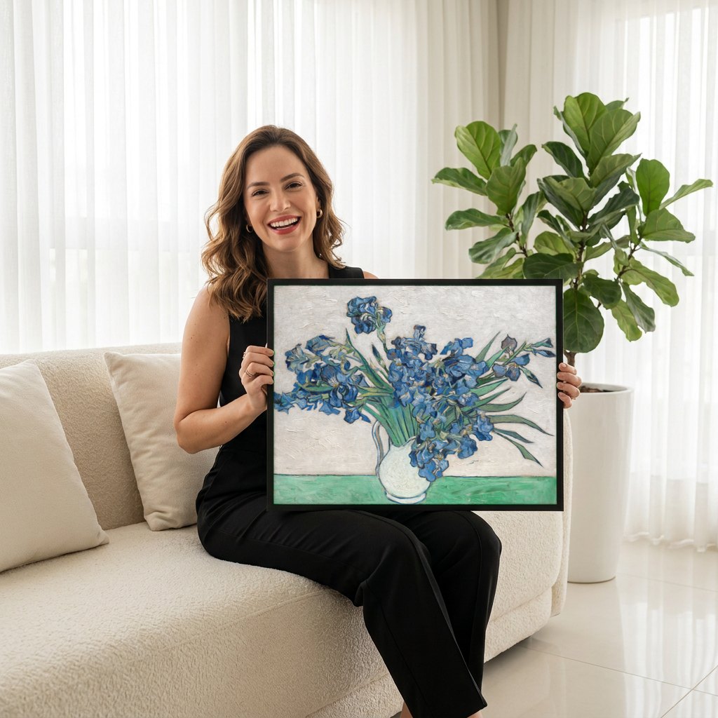 Quadro Decorativo Irises - Van Gogh | modelo apresentando o quadro emoldurado