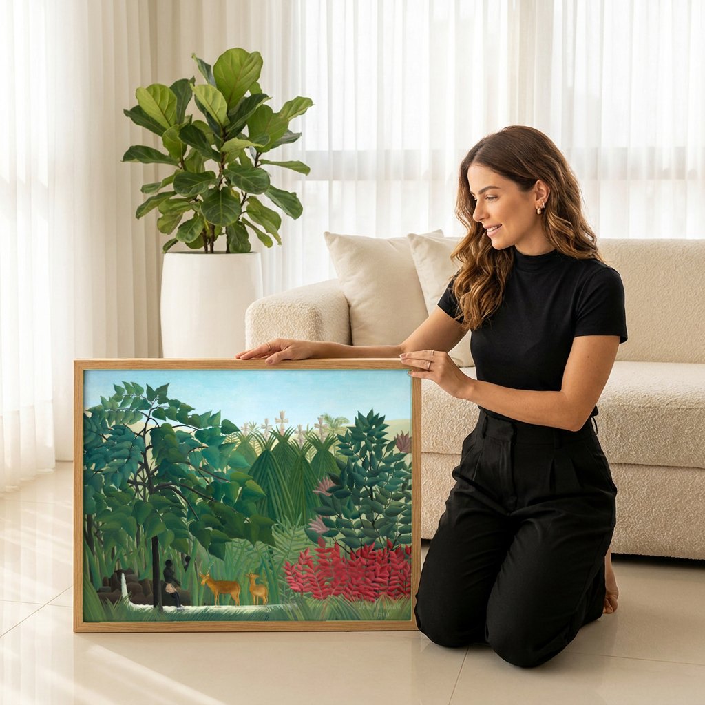 Quadro Decorativo A Floresta Encantada - Henri Rousseau | modelo apresentando o quadro emoldurado