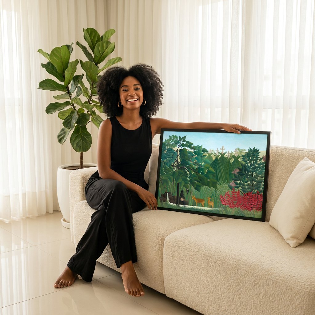 Quadro Decorativo A Floresta Encantada - Henri Rousseau | modelo apresentando o quadro emoldurado
