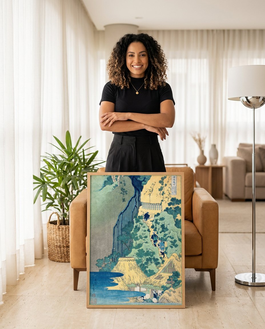 Quadro Decorativo A Cachoeira de Amida - Hokusai | modelo apresentando o quadro emoldurado