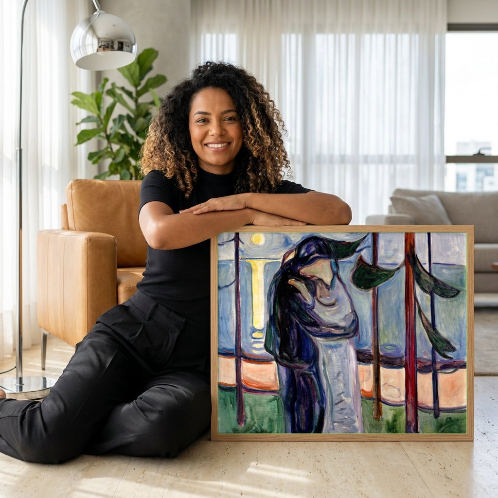 Quadro Decorativo O Beijo - Edvard Munch | modelo apresentando o quadro emoldurado
