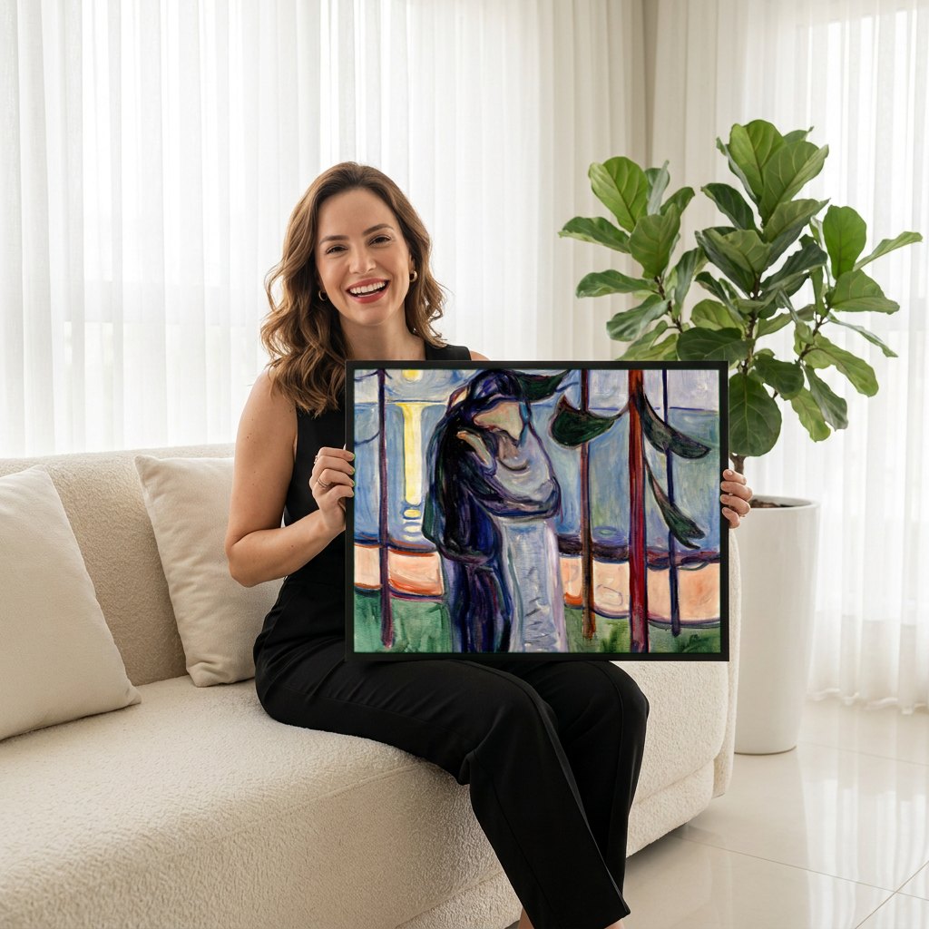 Quadro Decorativo O Beijo - Edvard Munch | modelo apresentando o quadro emoldurado