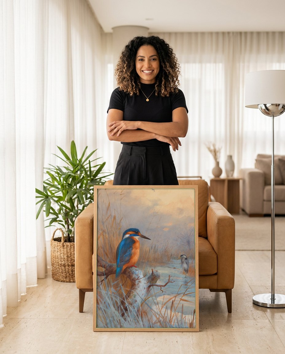 Quadro Decorativo Pássaros no Pântano - Thorburn | modelo apresentando o quadro emoldurado