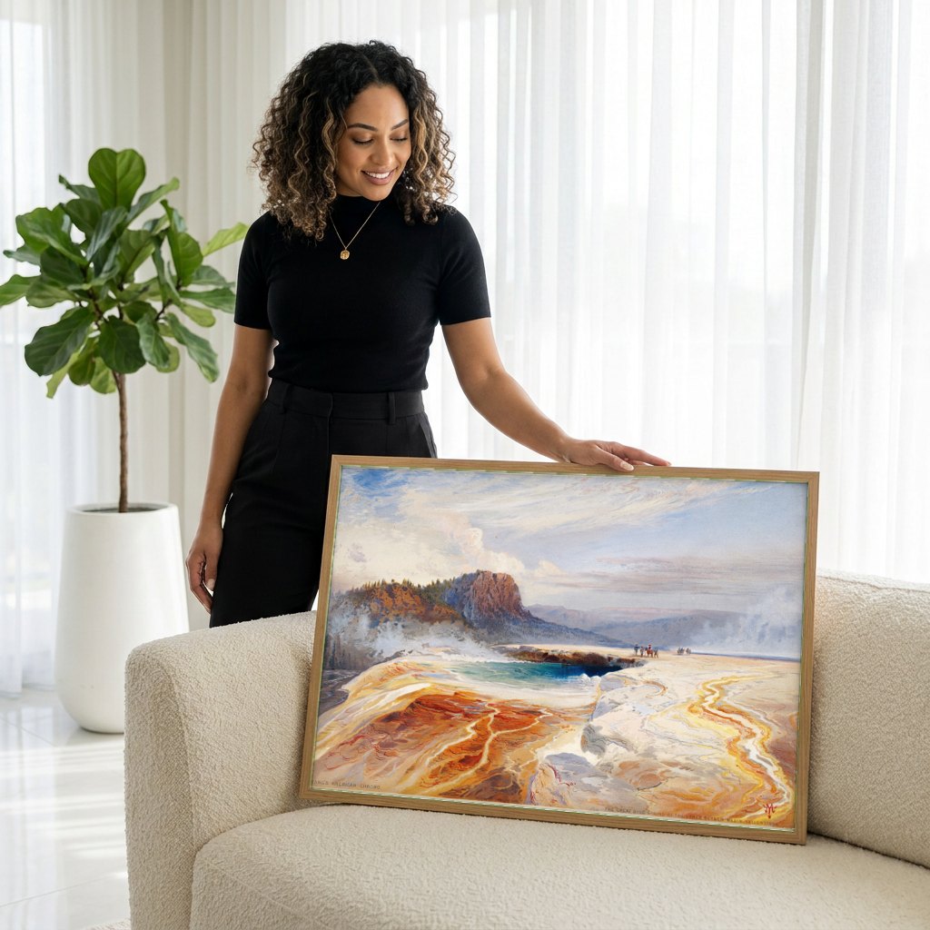 Quadro Decorativo A Grande Fonte Azul - Thomas Moran | modelo apresentando o quadro emoldurado