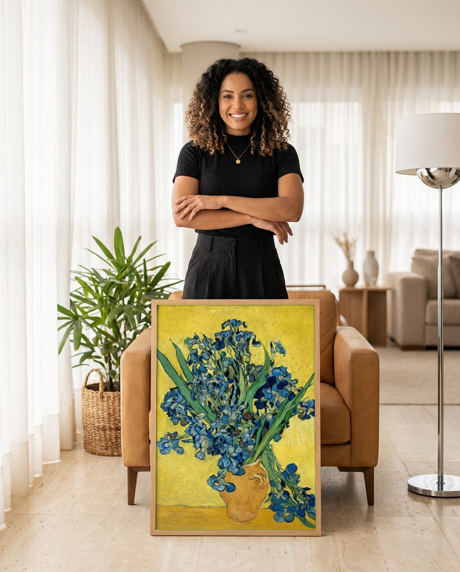 Quadro Decorativo Irises - Van Gogh | modelo apresentando o quadro emoldurado