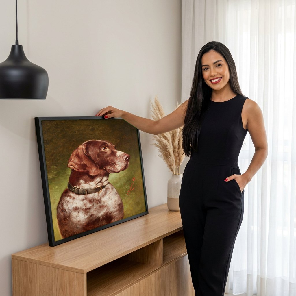 Quadro Decorativo Cão de Caça - Carl Reichert | modelo apresentando o quadro emoldurado