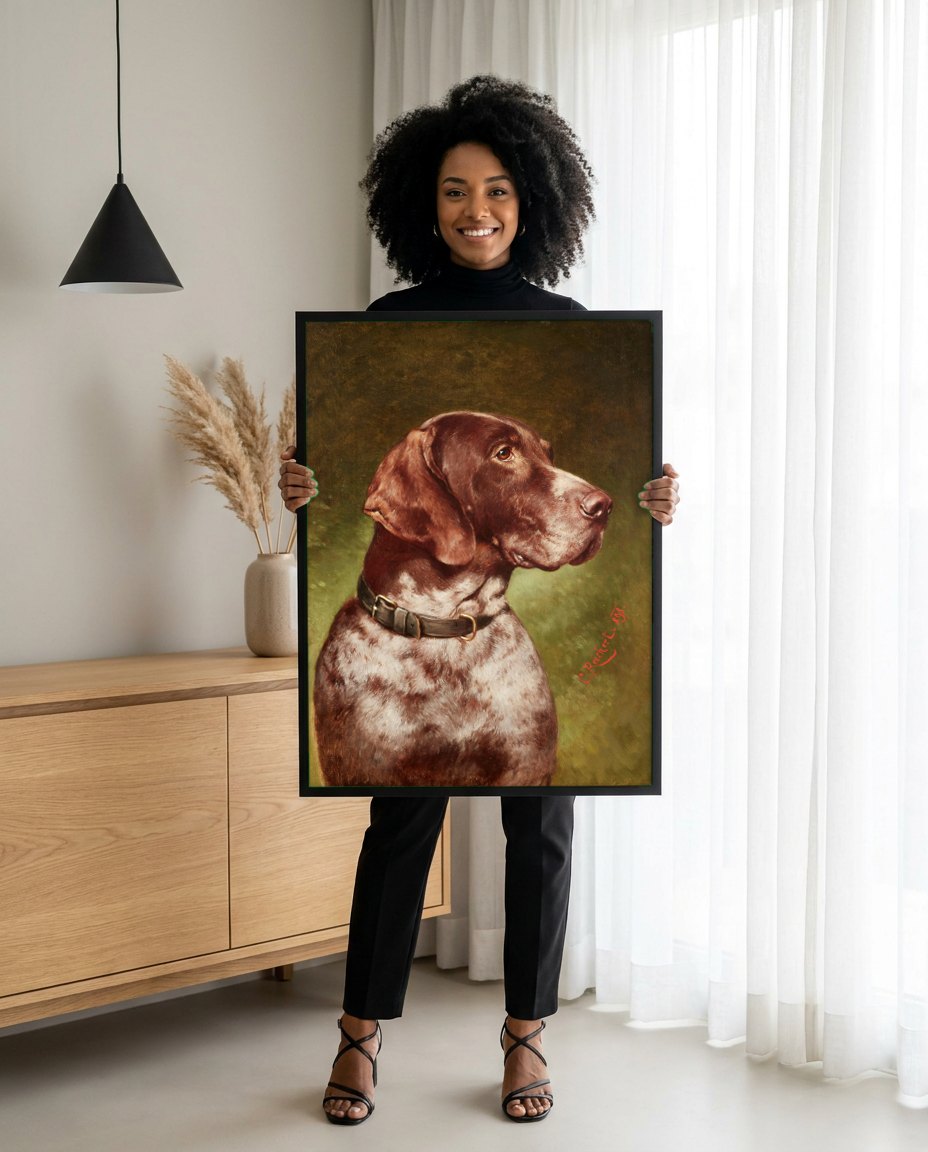 Quadro Decorativo Cão de Caça - Carl Reichert | modelo apresentando o quadro emoldurado