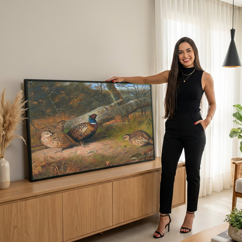 Quadro Decorativo Faisões na Floresta - Thorburn | modelo apresentando o quadro emoldurado