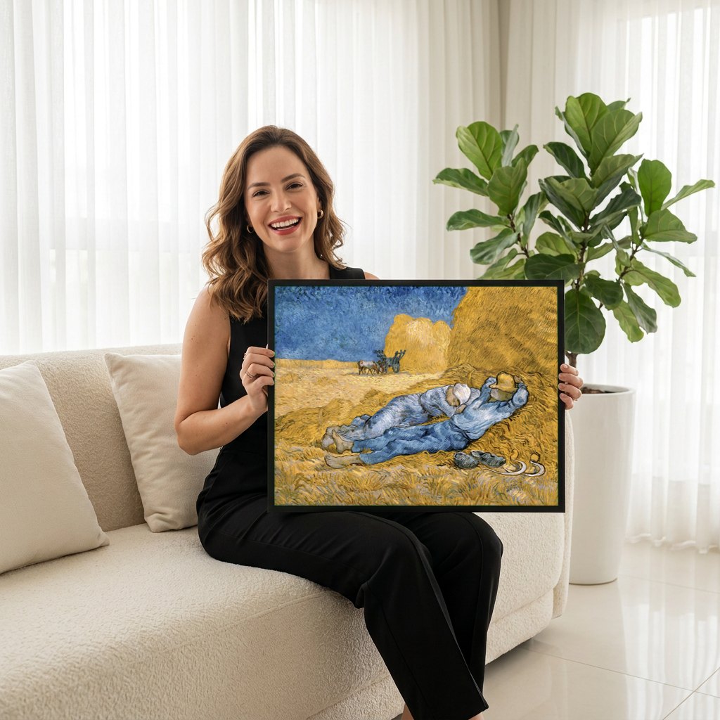 Quadro Decorativo A Sesta - Van Gogh | modelo apresentando o quadro emoldurado