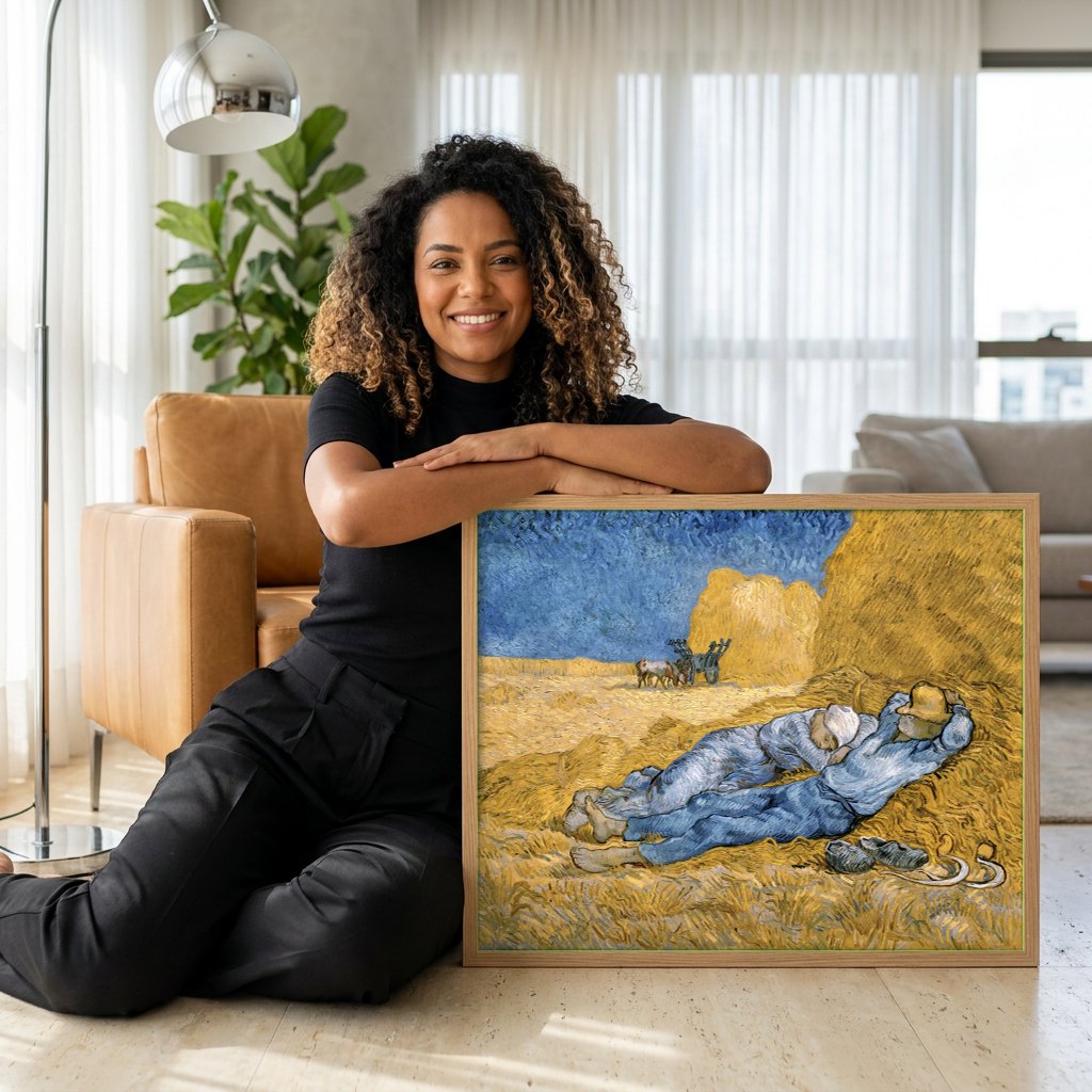 Quadro Decorativo A Sesta - Van Gogh | modelo apresentando o quadro emoldurado