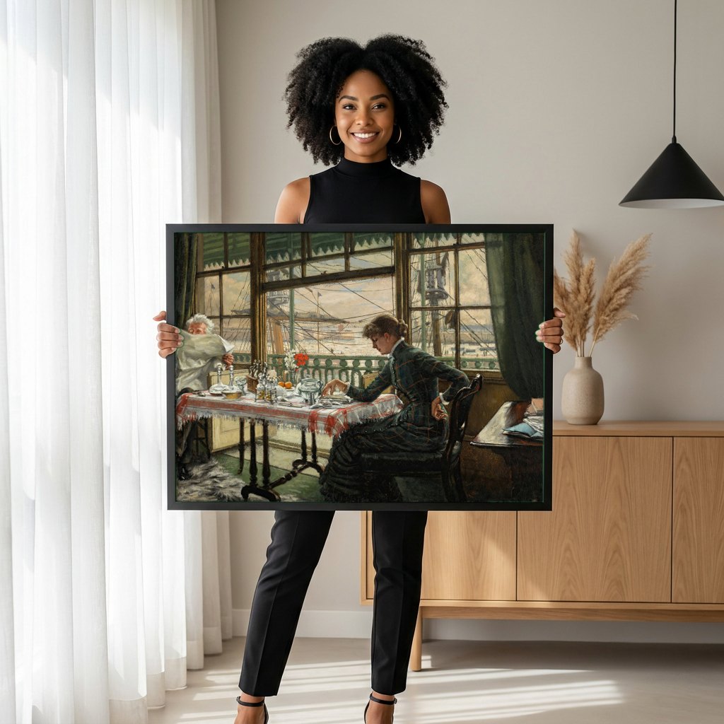 Quadro Decorativo A Mesa de Café da Manhã - James Tissot | modelo apresentando o quadro emoldurado