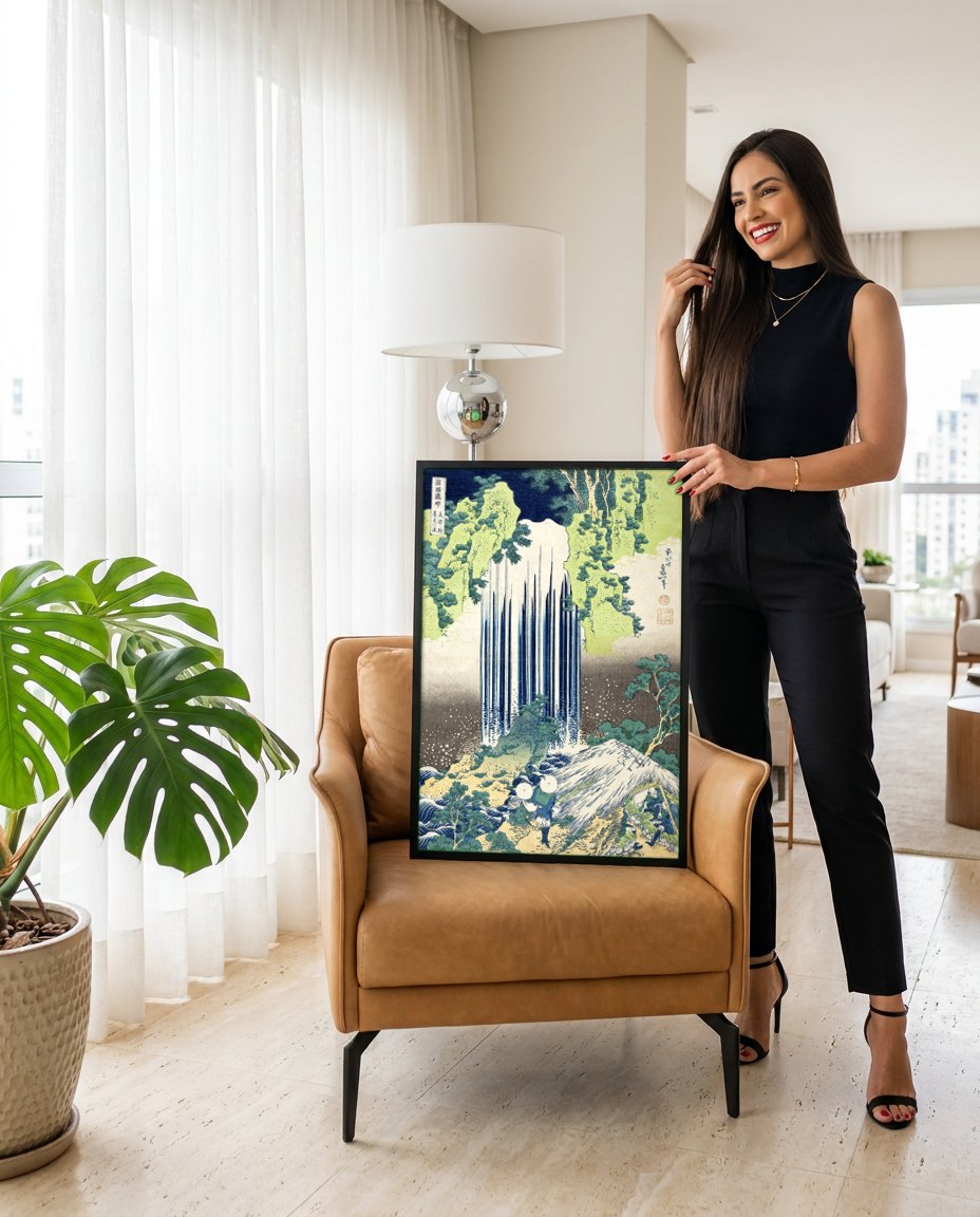 Quadro Decorativo A Cachoeira de Amida - Hokusai | modelo apresentando o quadro emoldurado