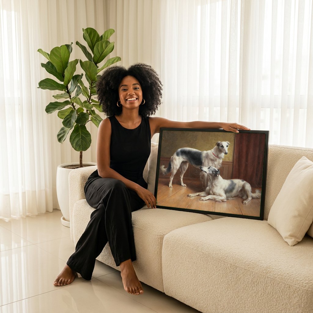 Quadro Decorativo Cães Borzoi - Carl Reichert | modelo apresentando o quadro emoldurado