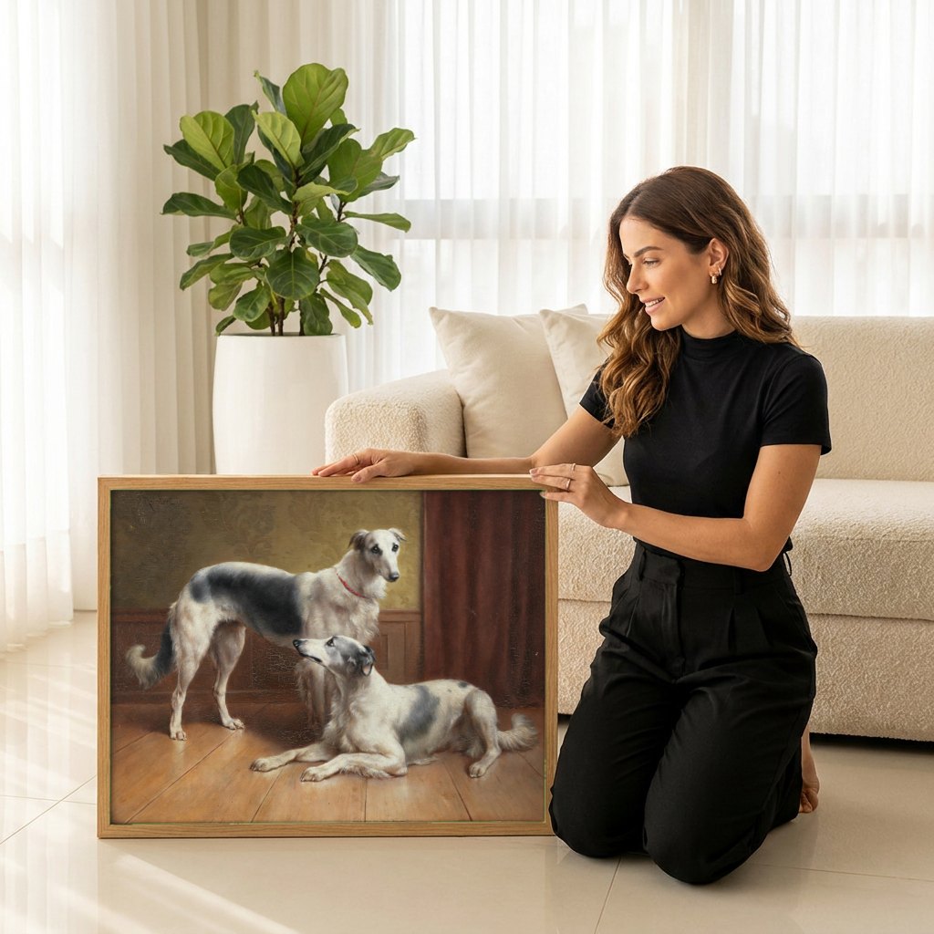 Quadro Decorativo Cães Borzoi - Carl Reichert | modelo apresentando o quadro emoldurado