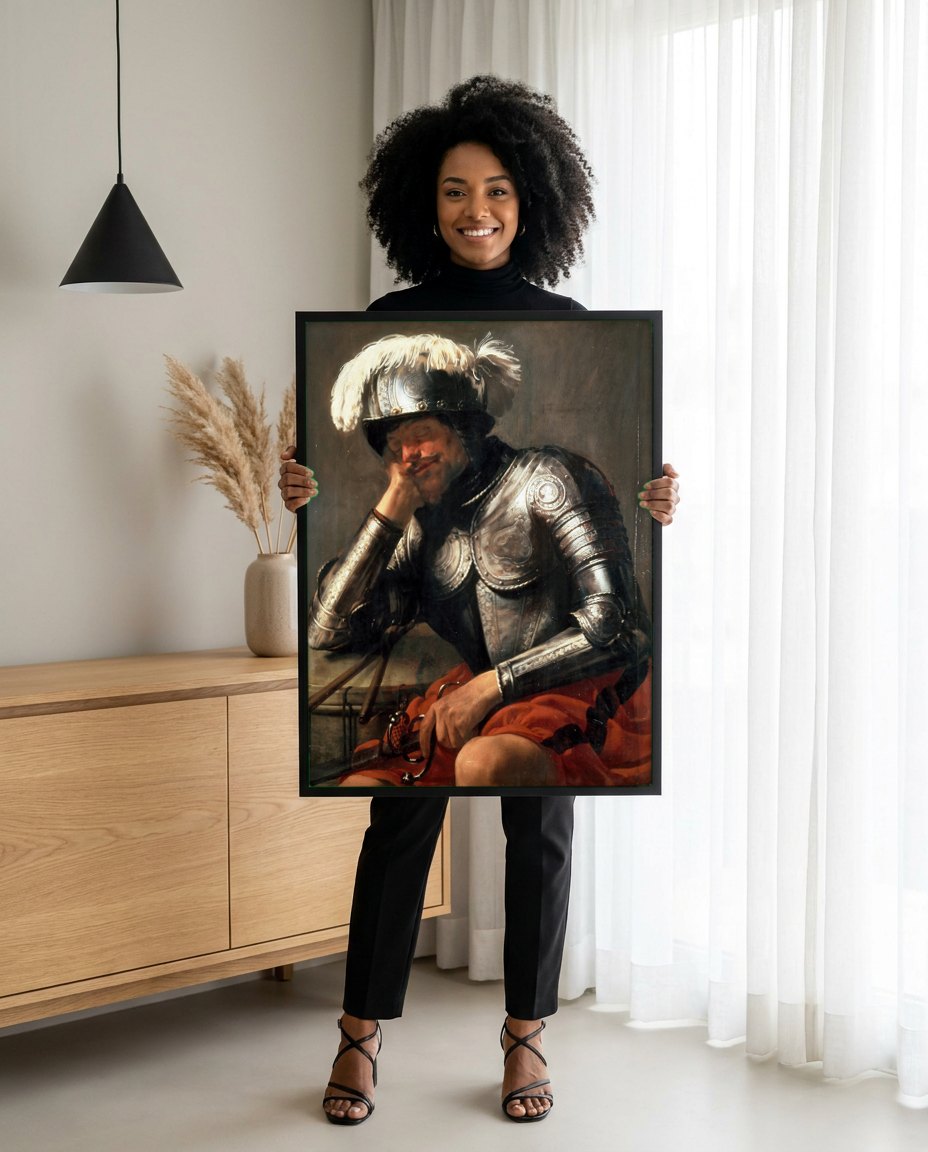 Quadro Decorativo O Soldado Adormecido - Hendrick ter Brugghen | modelo apresentando o quadro emoldurado