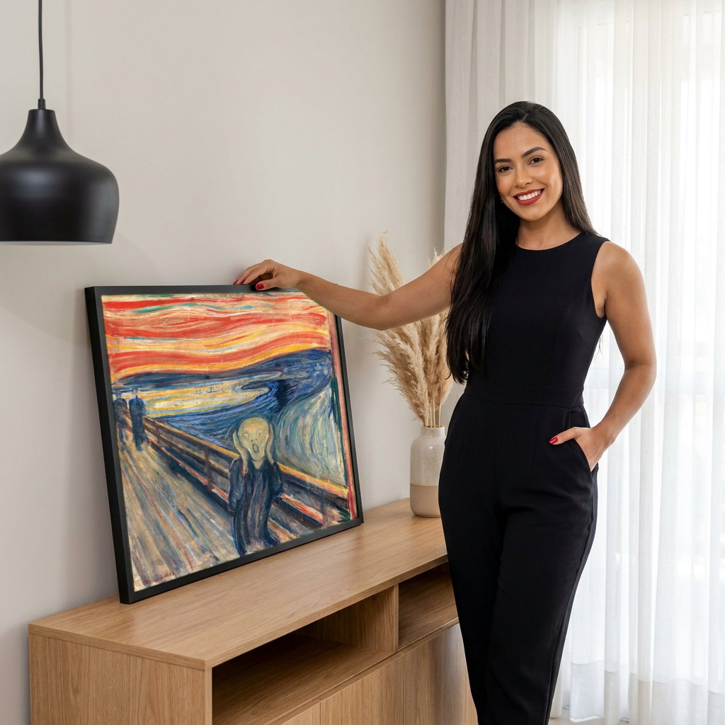 Quadro Decorativo O Grito - Edvard Munch | modelo apresentando o quadro emoldurado